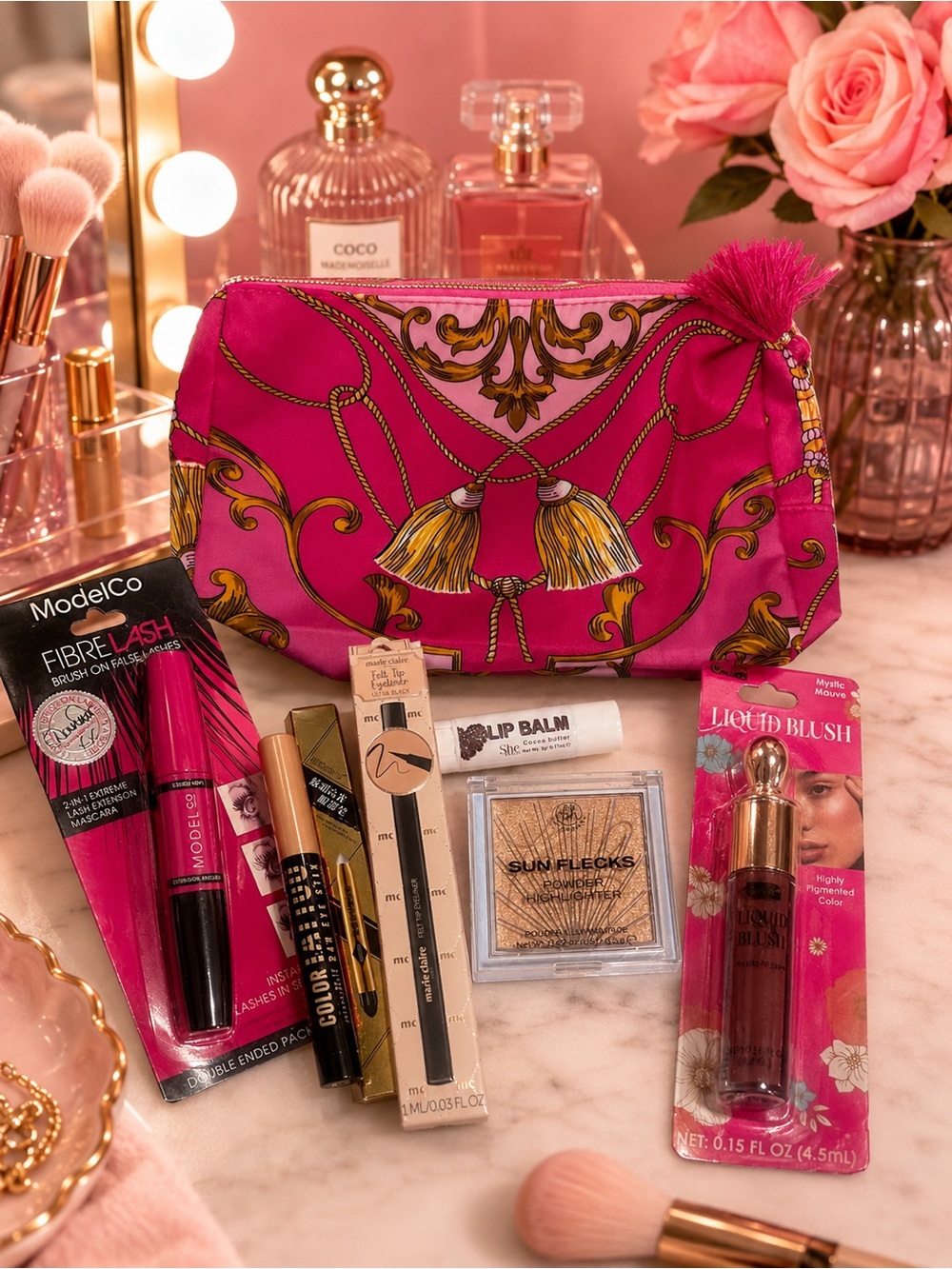 New 8-Piece Makeup Bundle – Pouch, Mascara, Highlighter, Blush & Liners!